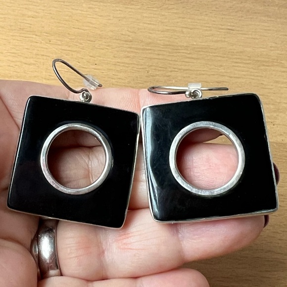 VINTAGE ONYX 925 SS LARGE OVERSIZED STATEMENT DROP DANGLE GEOMETRIC EARRINGS